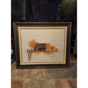 Vintage 1970s Signed Autumn Barn Scene Framed Print‎ By West Lithograph Artist
